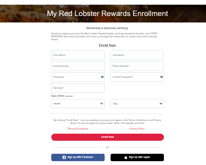 Enroll in My Red Lobster Rewards