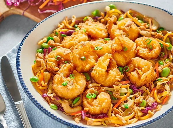 Kung Pao Noodles with Crispy Shrimp